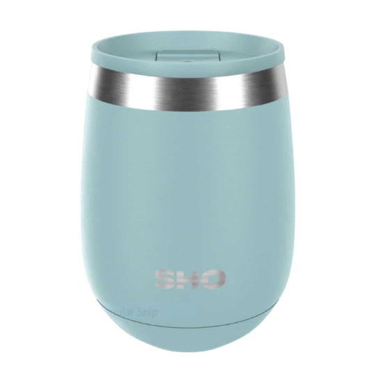 Light blue tstainless steel, insulated tumbler with slider lid on a white background