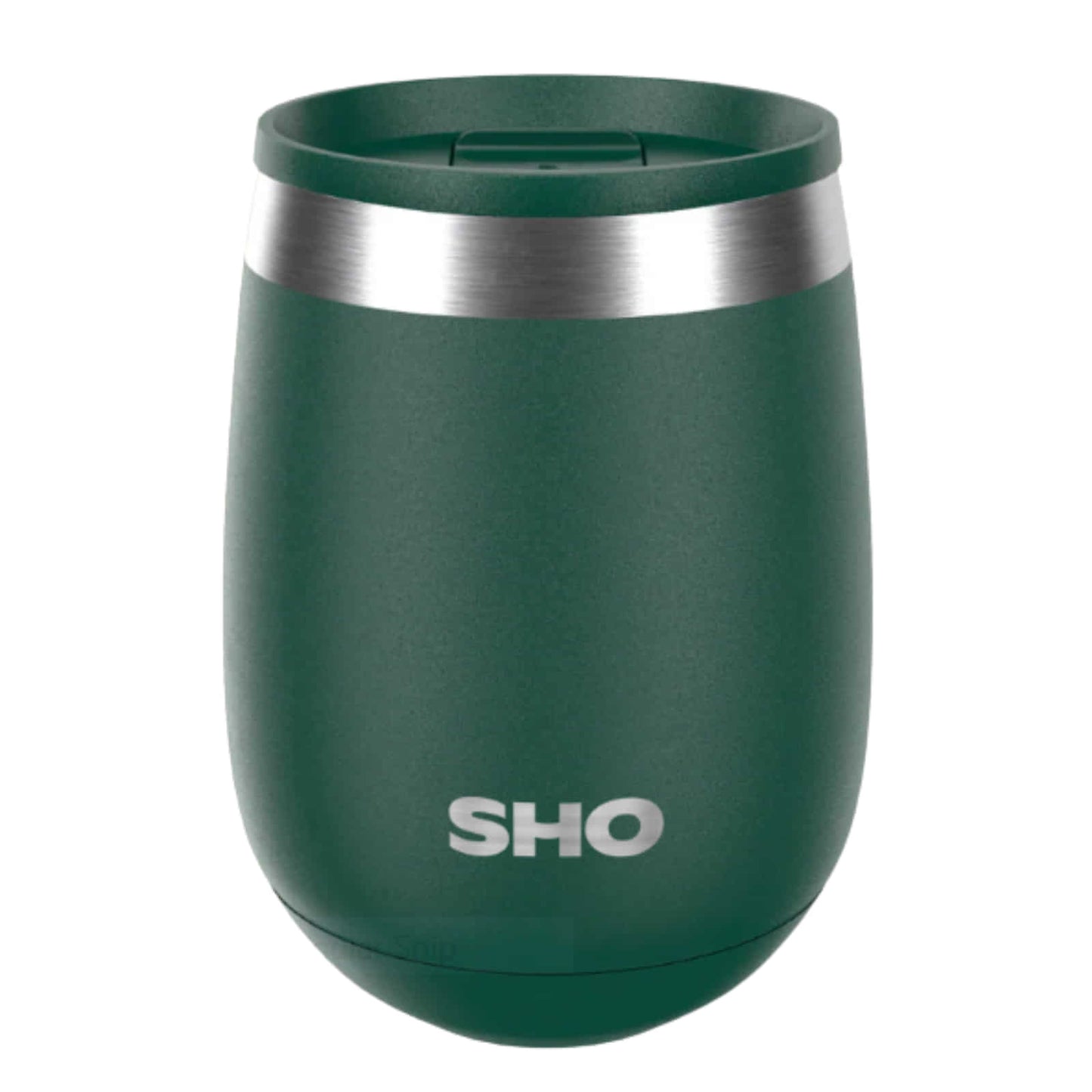 Dark green 360ml stainless steel insulated cup with a slider  lid on a white background