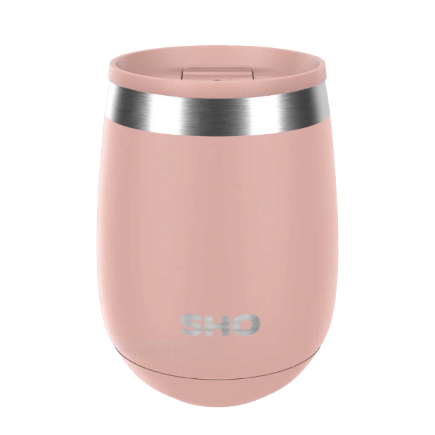 Pink insulated tstainless steel tumbler with slider lid on a white background