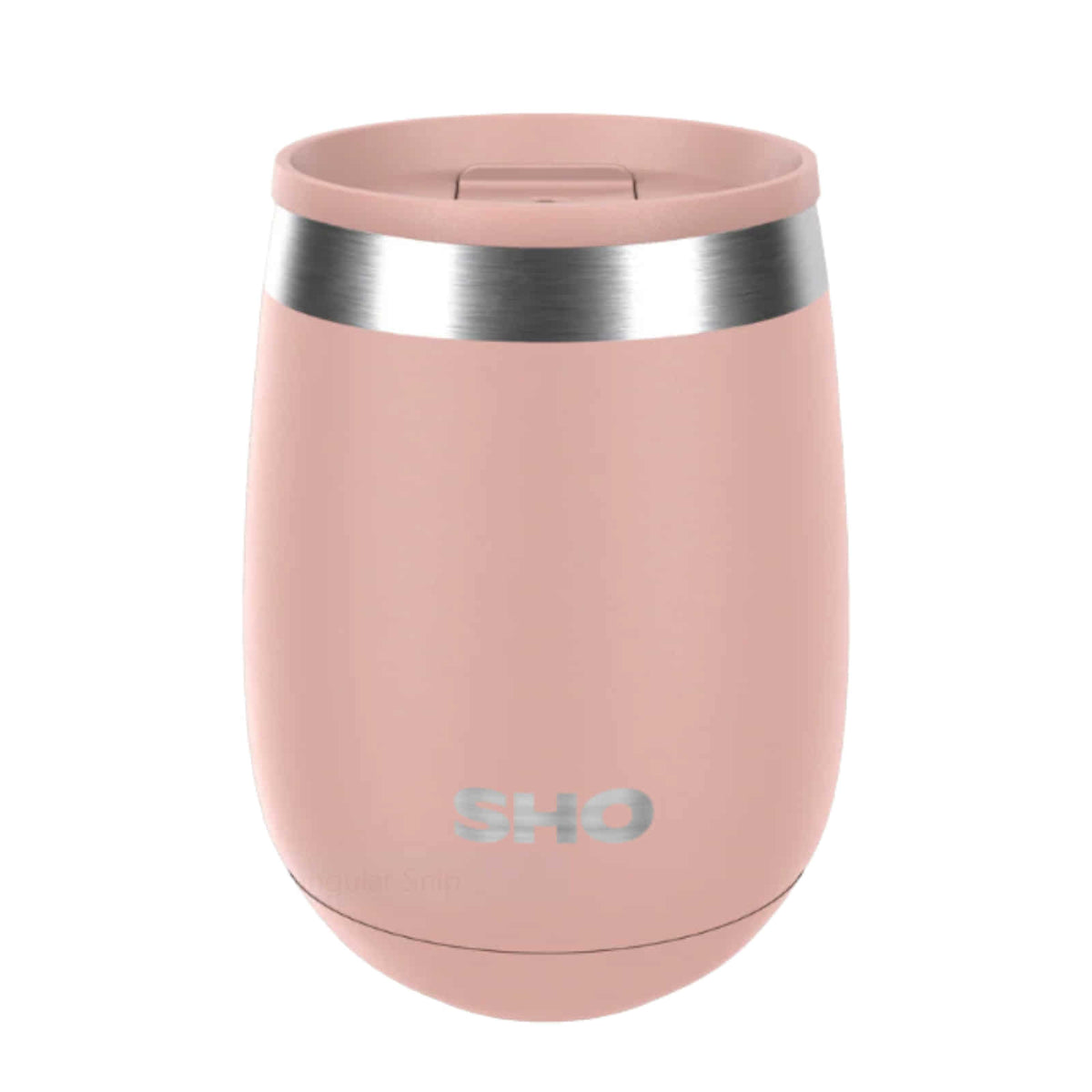 Pink insulated tstainless steel tumbler with slider lid on a white background