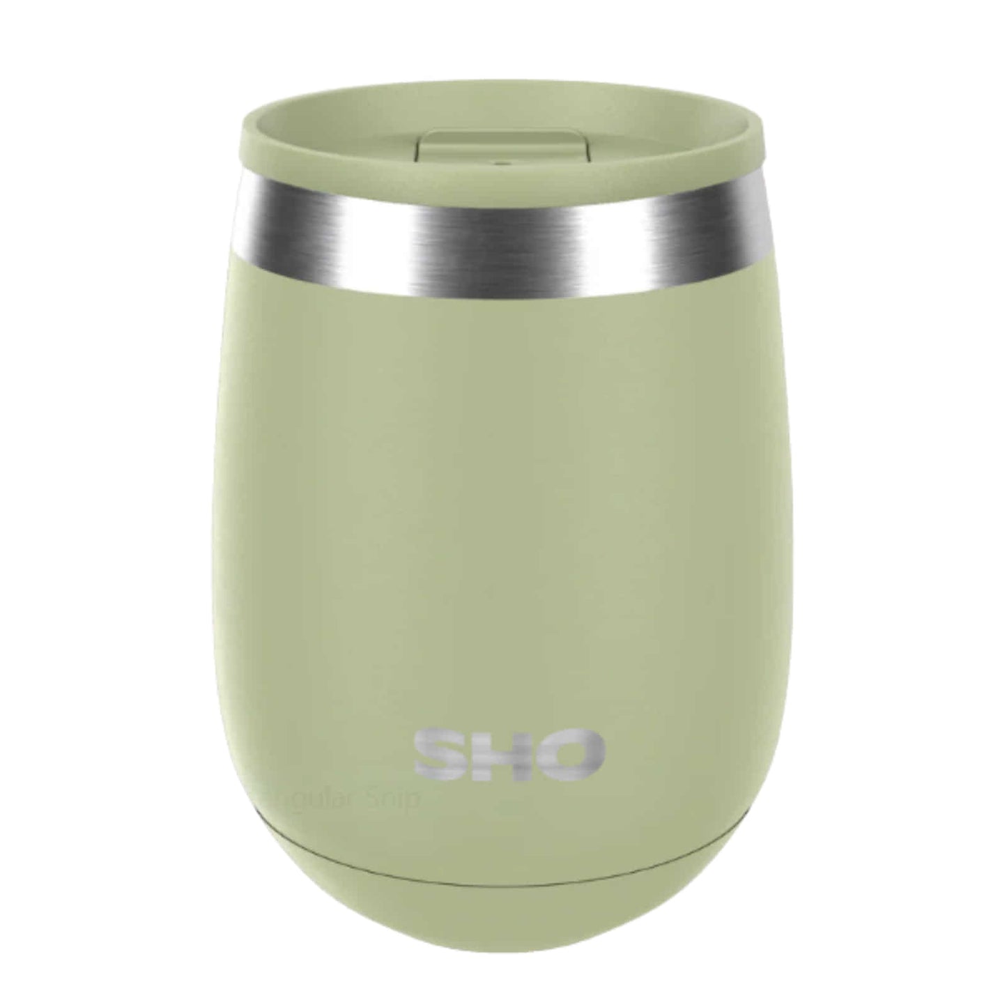 Green insulated stainless steel tumbler with slider lid on a white background