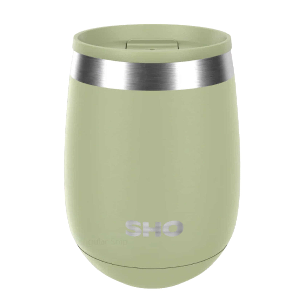 Green insulated stainless steel tumbler with slider lid on a white background