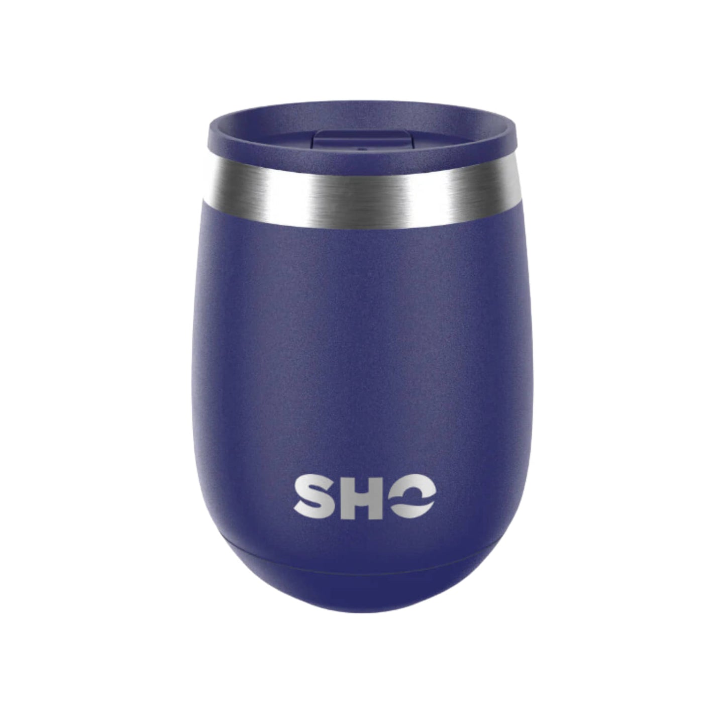 Blue insulated tumbler with a slider  lid on a white background