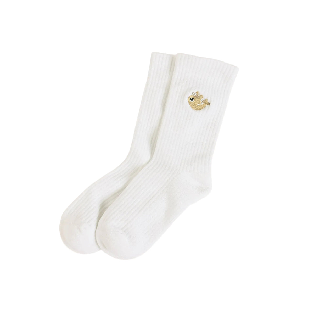 A pair of ribbed white crew socks with a single cartoon style sloth on the ankle 