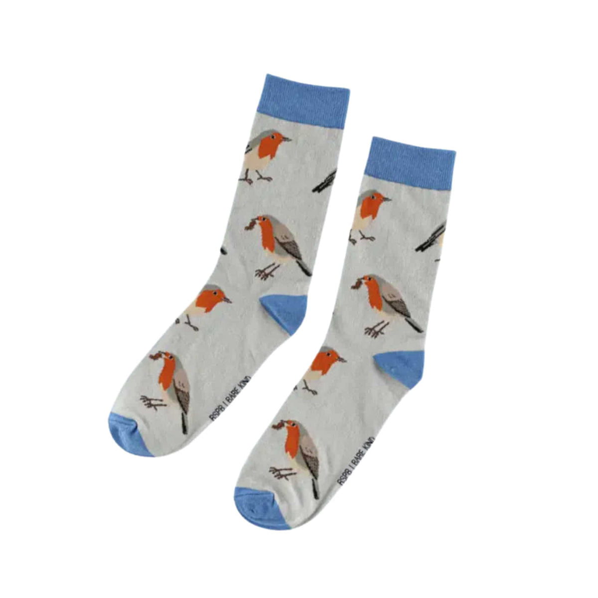A pair of crew socks with a light gray background featuring a pattern of robin birds and blue accents on the cuffs, heels, and toes, displayed against a plain white background.