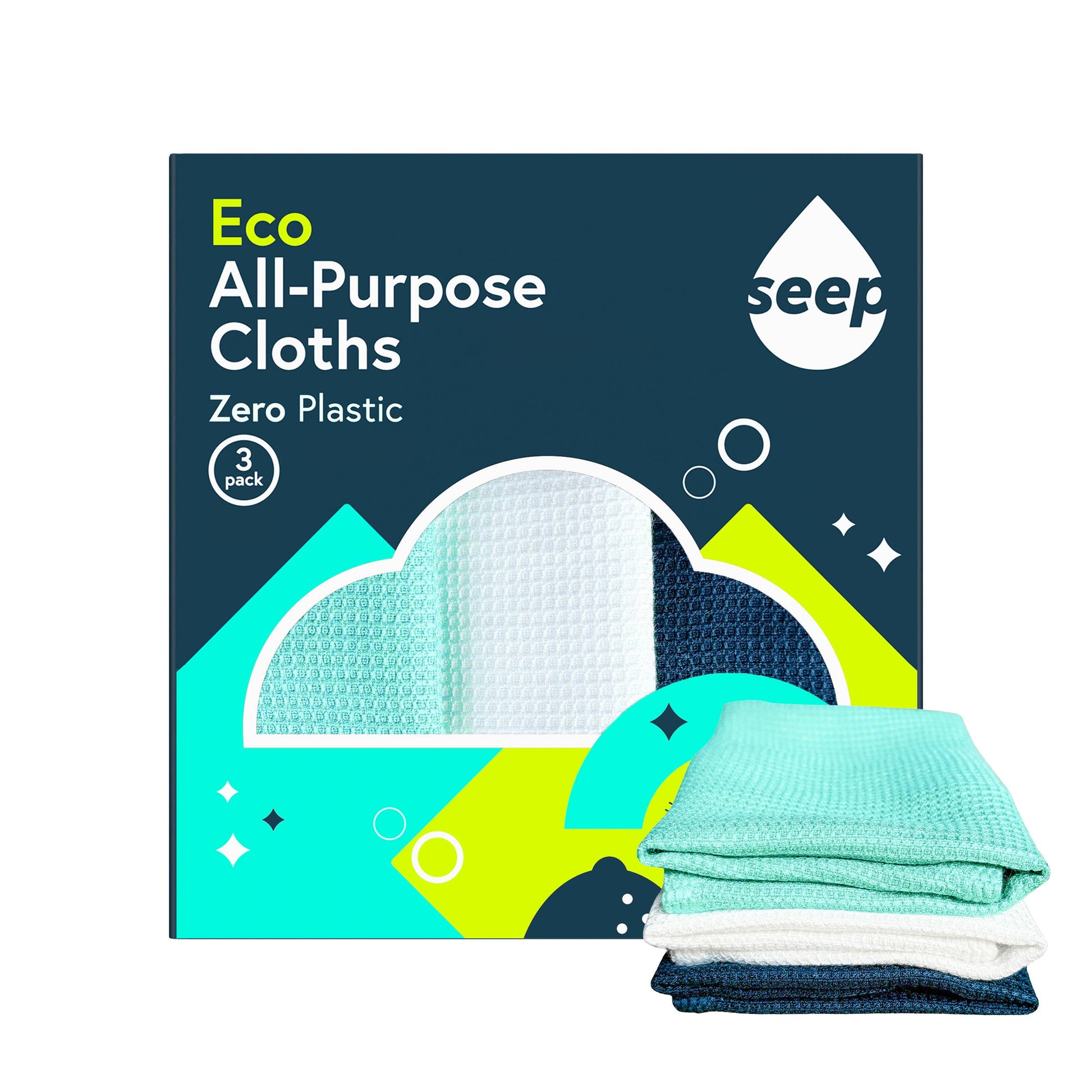 Eco all-purpose cloths with packaging displaying 'seep' brand on a white background