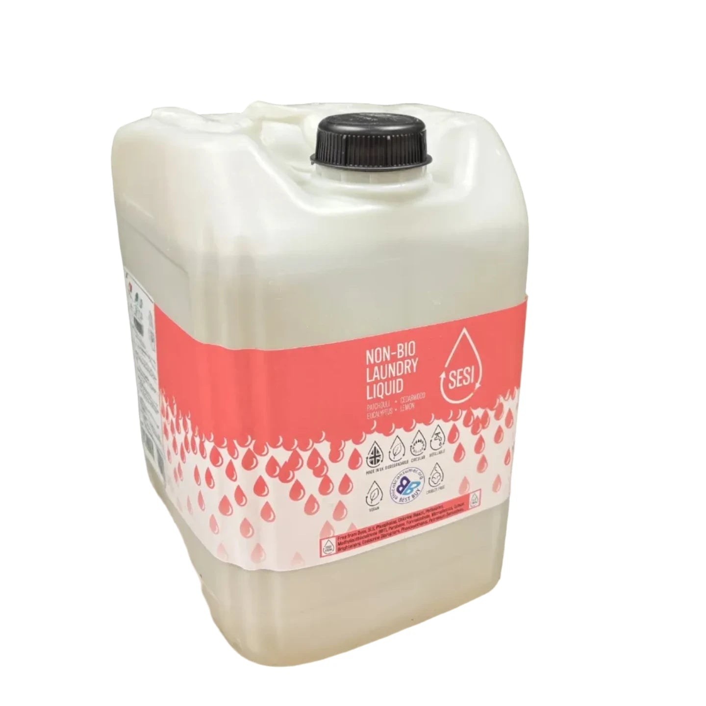 A large white plastic jerrycan of fragranced non-bio laundry liquid with a black cap and a red and white label, shown on a white background.