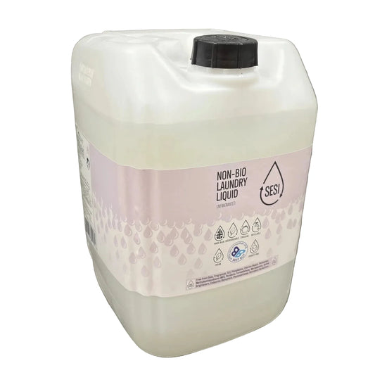 A large, white plastic jerrycan of SESI on-Bio Laundry Liquid with a black cap, set against a white background.