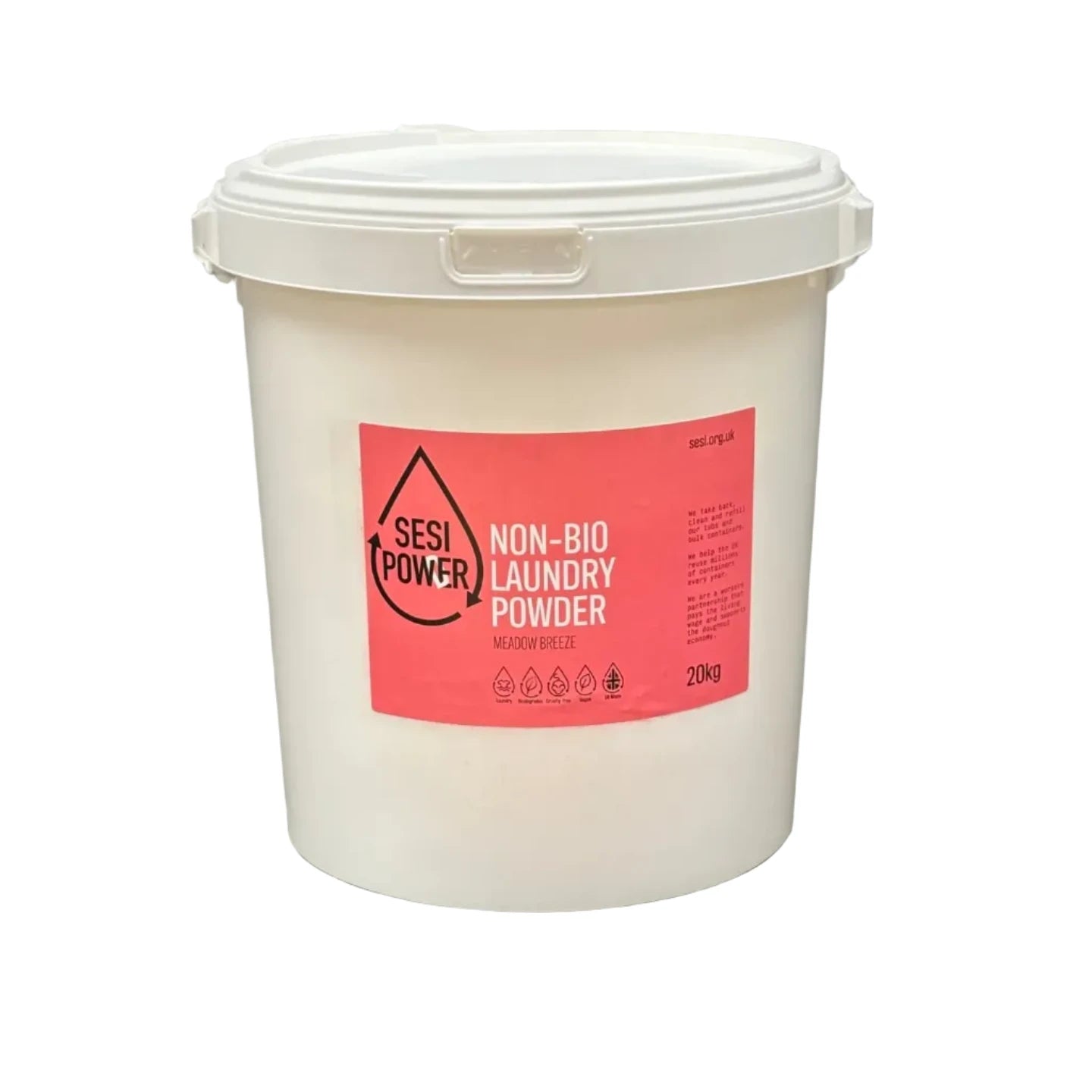 A white plastic bucket of SESI  Non-Bio Laundry Powder with a pink label, shown on a white background.