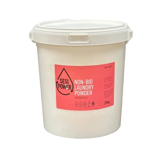 A white plastic bucket of SESI  Non-Bio Laundry Powder with a pink label, shown on a white background.
