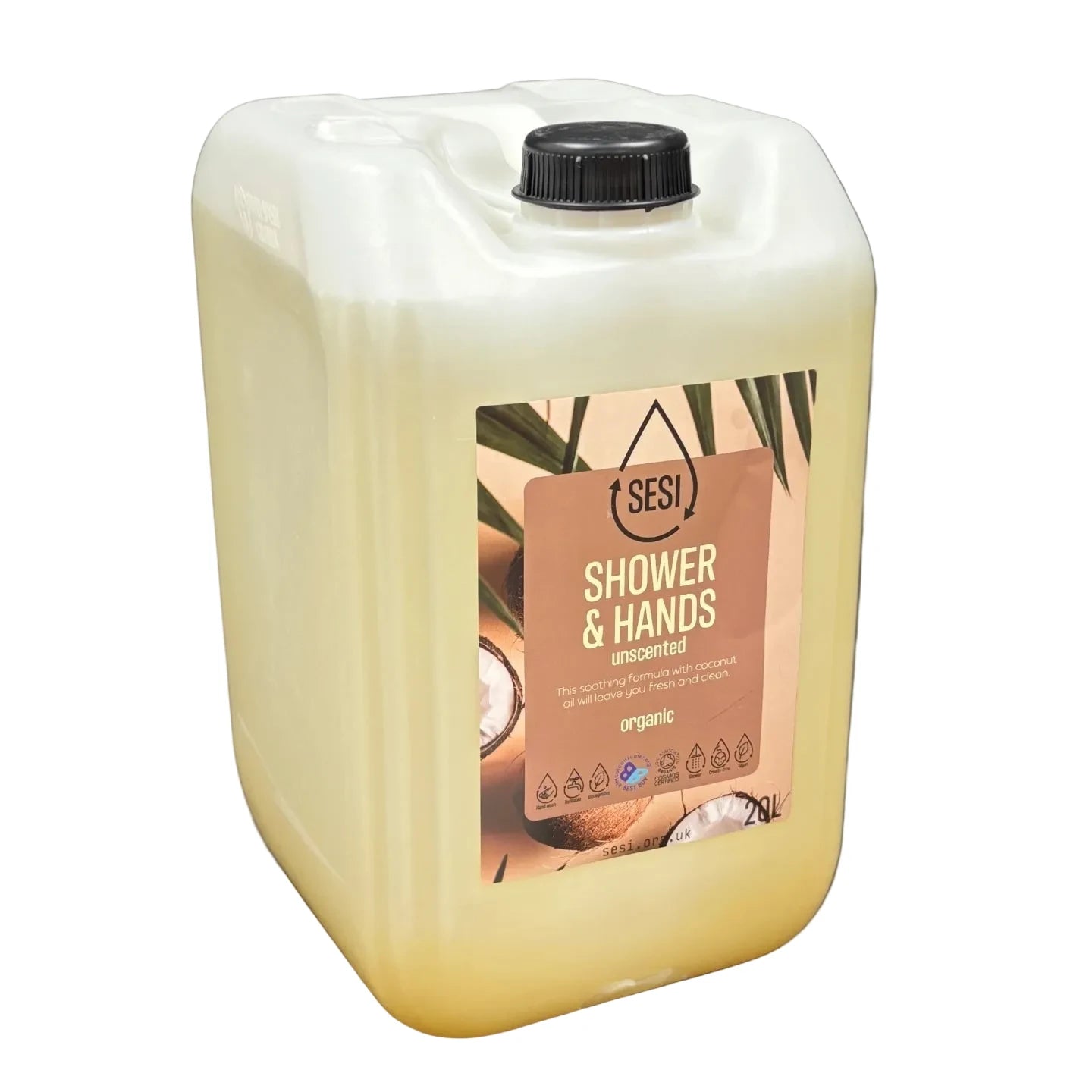 20l container of SESI organic shower and hands product with a label on a white background