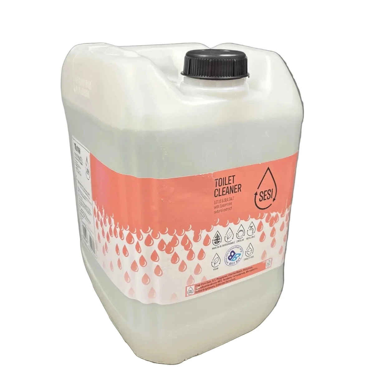 A large white plastic j20l errycan of SESI toilet cleaner with a black cap, featuring a coral orange and white label, set against a white background.