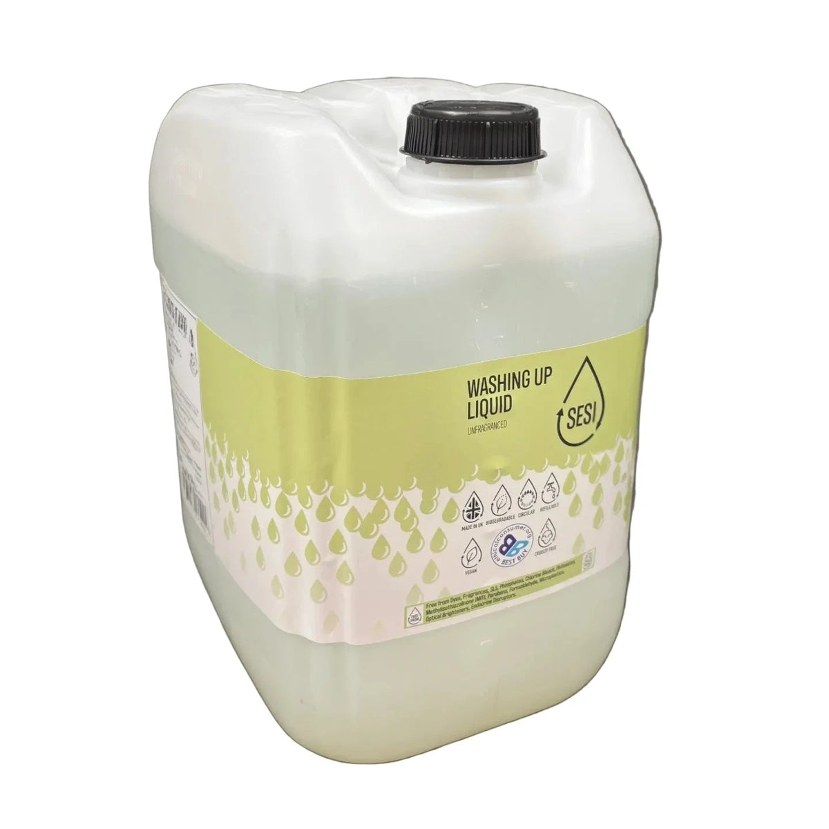 A 20l white plastic tub of SESI Washing Up Liquid with a black cap, set against a white background..