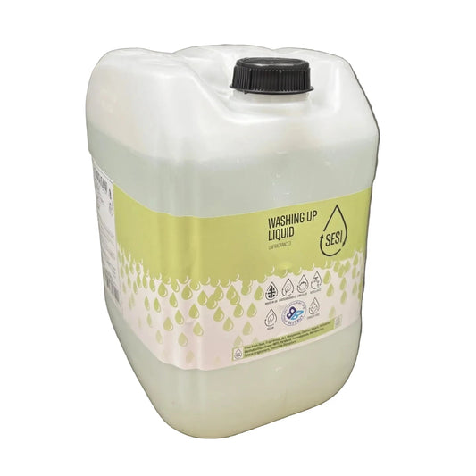 A 20l white plastic tub of SESI Washing Up Liquid with a black cap, set against a white background..