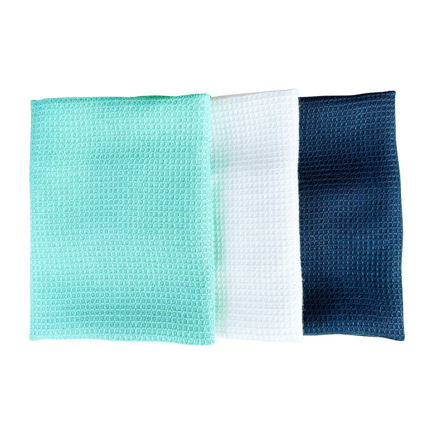 Three textured cleaning cloths in green, white, and blue on a white background