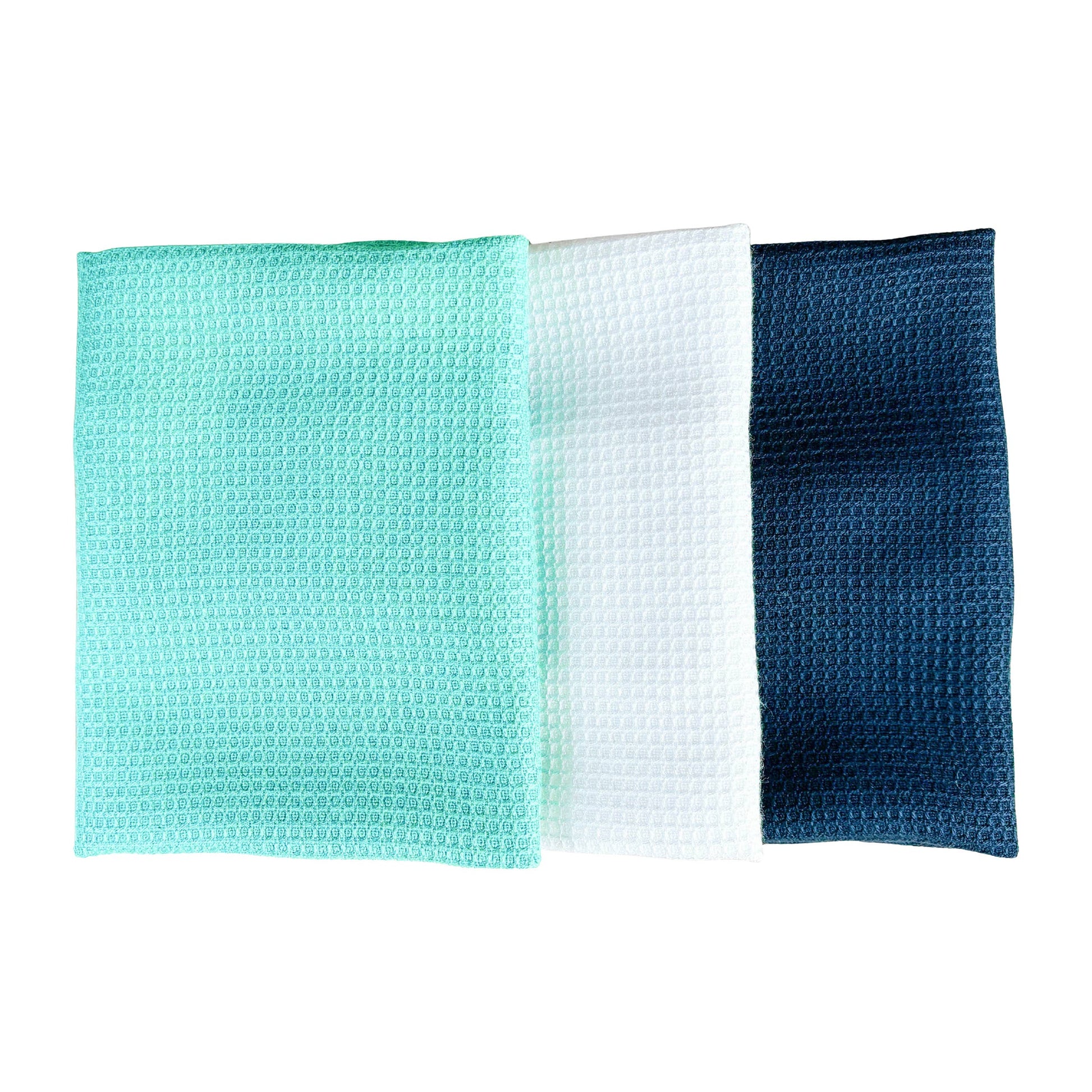 Three textured cleaning cloths in green, white, and blue on a white background