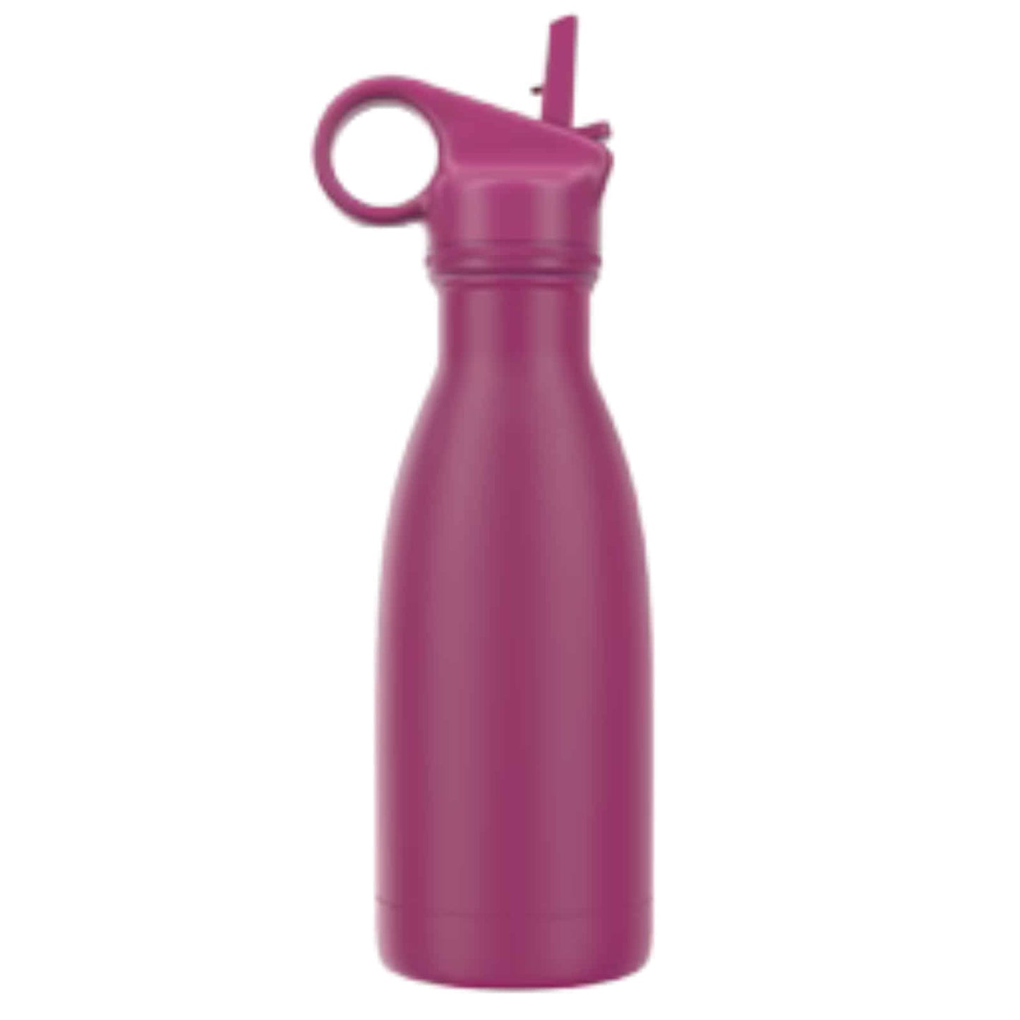 Purple/pink water bottle with a straw lid on a white background