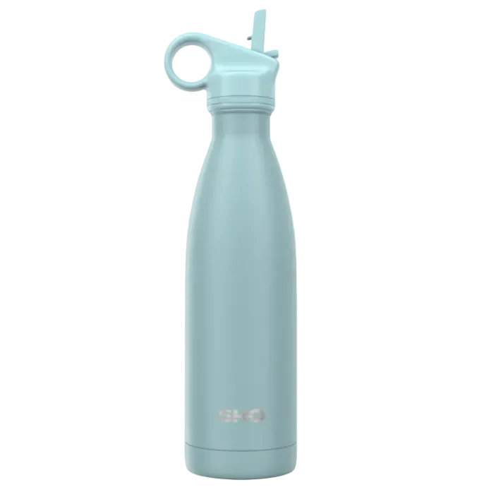 An arctic mist insulated water bottle with a straw lid. '24 Hours Cold,' 'Easy Sip Straw Lid,' 'Two Lids Included,' and 'Leak-Proof Screw Lid & Splash-Proof Straw Lid.'