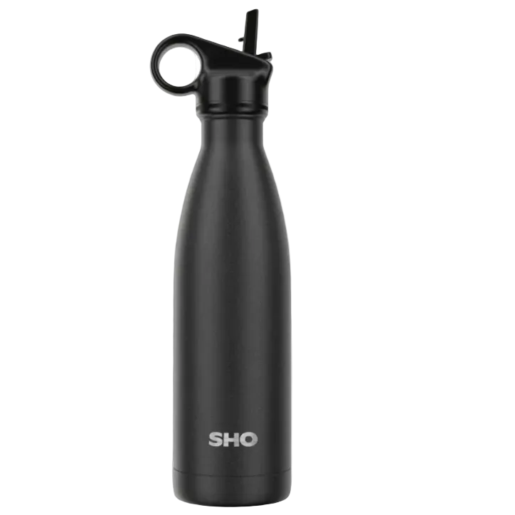 A SHO black insulated bottle with a screw-on straw lid and carrying loop, shown on a white background 'Leak-Proof Screw Lid & Splash-Proof Straw Lid'.