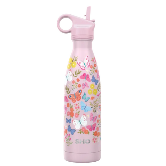 A pink insulated water bottle with a floral and butterfly pattern, shown with feature callout icons and text on a light beige background.