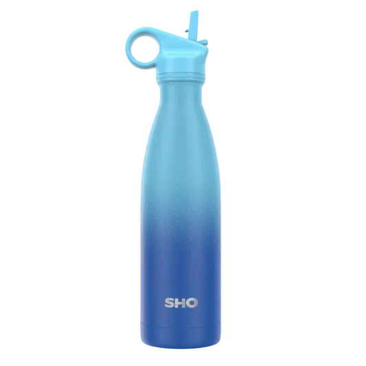 A ombre blue, 500ml stainless steel, insulated, reusable water bottle with a straw lid on a white background.
