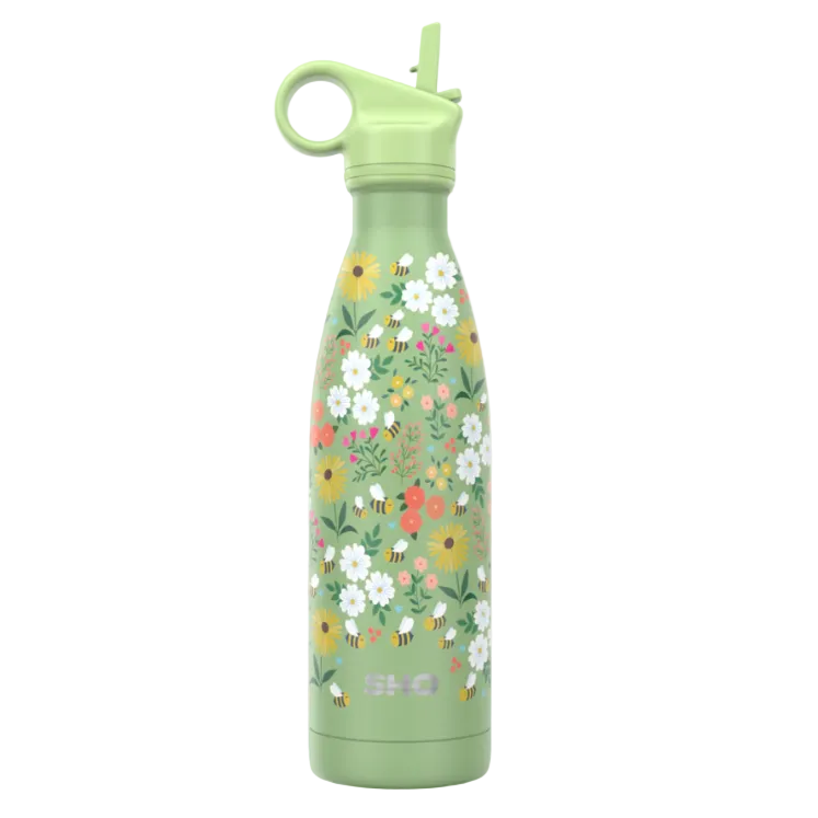 A stainless steel reusable bottle with a green design with bees dn flowers, with a straw lid, with a SHO label all shown on a white background