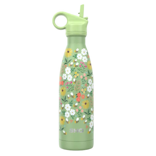 A stainless steel reusable bottle with a green design with bees dn flowers, with a straw lid, with a SHO label all shown on a white background