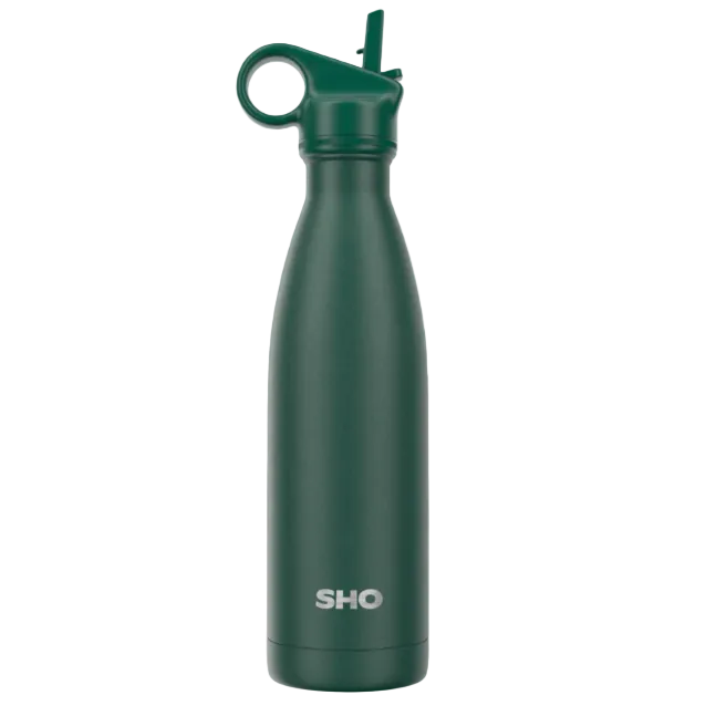 A dark green SHO insulated water bottle with a straw lid