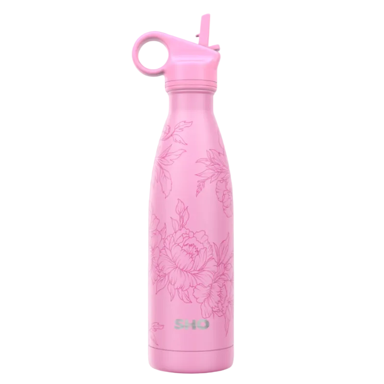 A pink insulated water bottle with a matching pink flip-straw lid and a subtle embossed floral pattern, shown against a plain white background.
