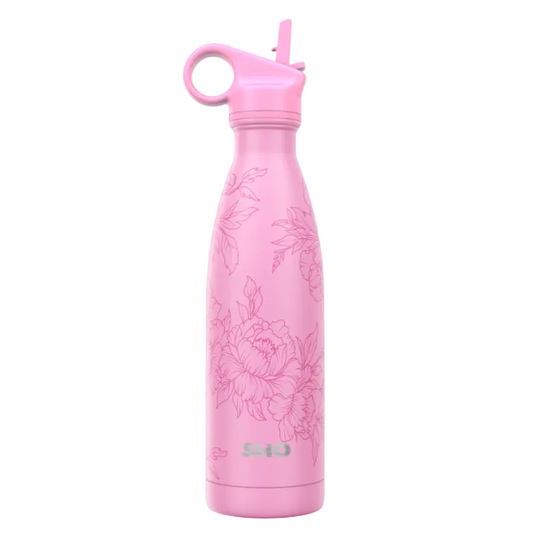A pink insulated water bottle with a matching pink flip-straw lid and a subtle embossed floral pattern, shown against a plain white background.