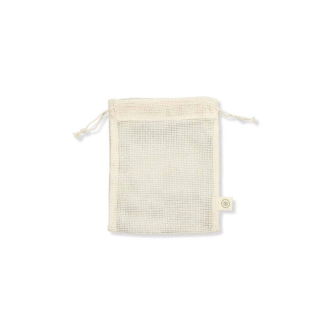 A small off-white mesh drawstring bag with a drawstring closure and a small fabric tag, shown on a plain white background.
