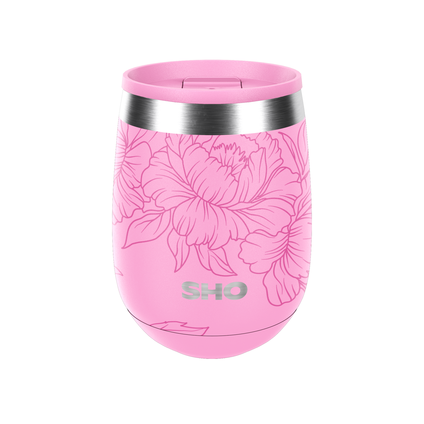 Pink floral-patterned stainless steel insulated tumbler with silver rim pictured on a white background