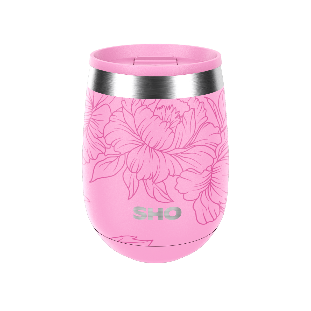 Pink floral-patterned stainless steel insulated tumbler with silver rim pictured on a white background