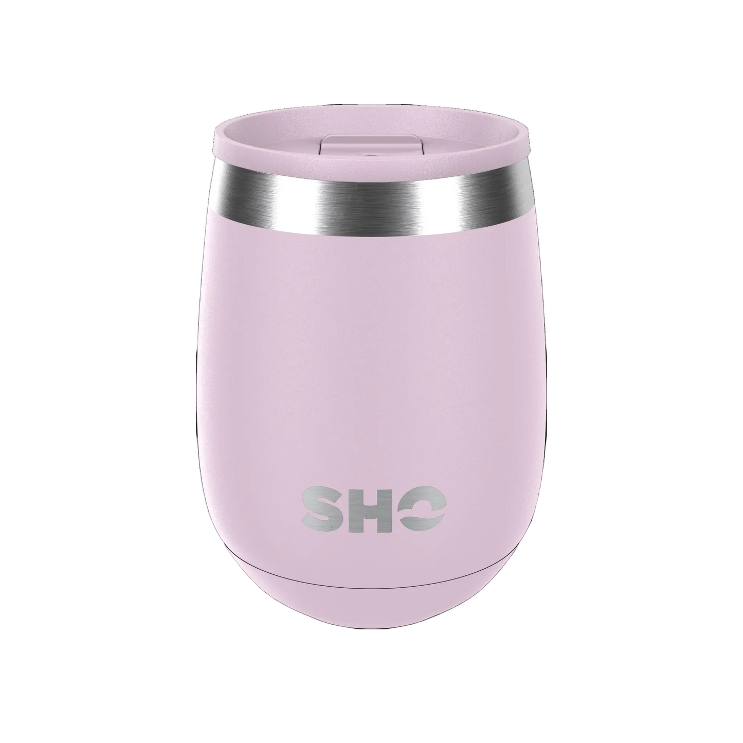 A light purple insulated stainless steel wine tumbler with a stainless steel band around the slider lid and a silver 'SHO' logo on the front, shown on a solid white background.