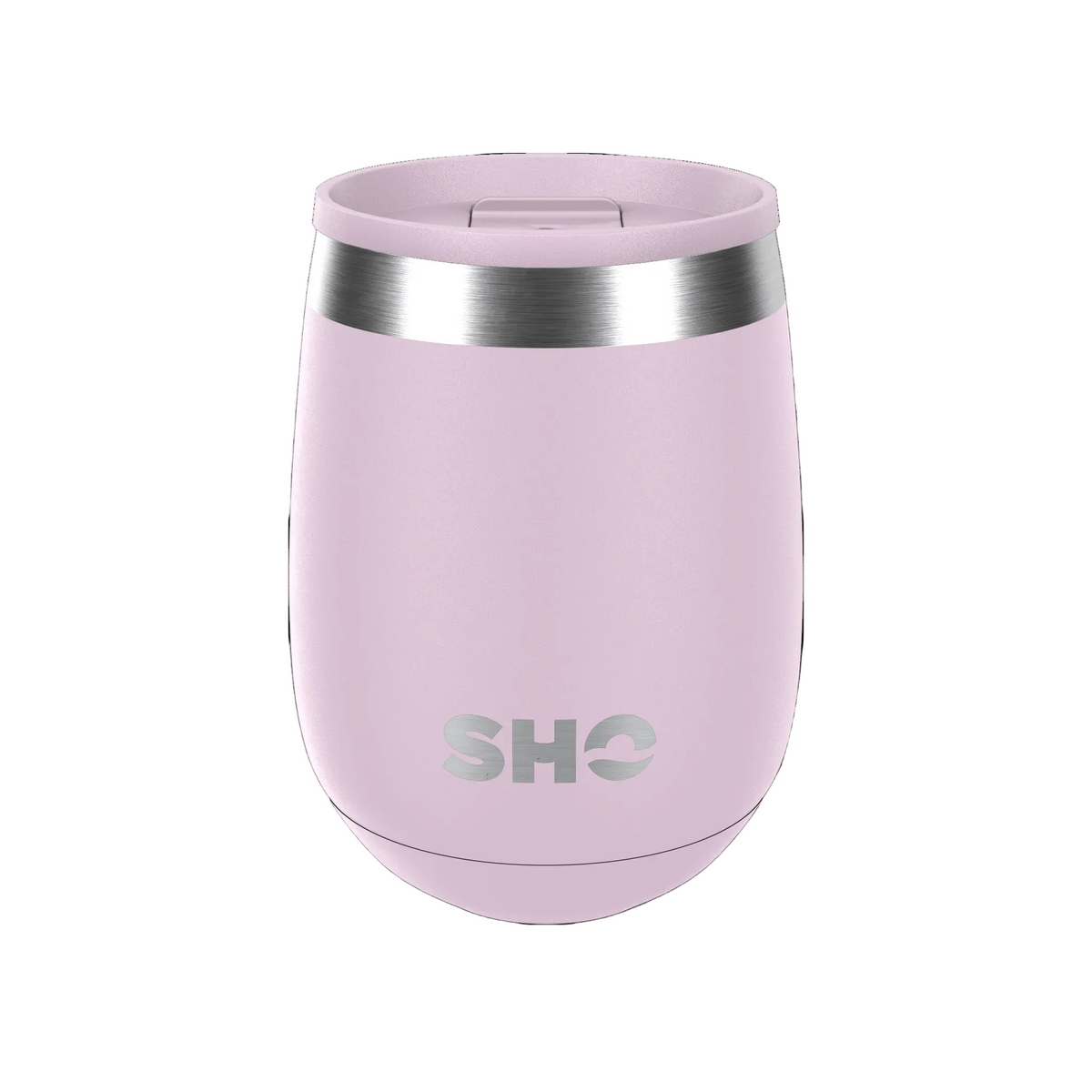 A light purple insulated stainless steel wine tumbler with a stainless steel band around the slider lid and a silver 'SHO' logo on the front, shown on a solid white background.