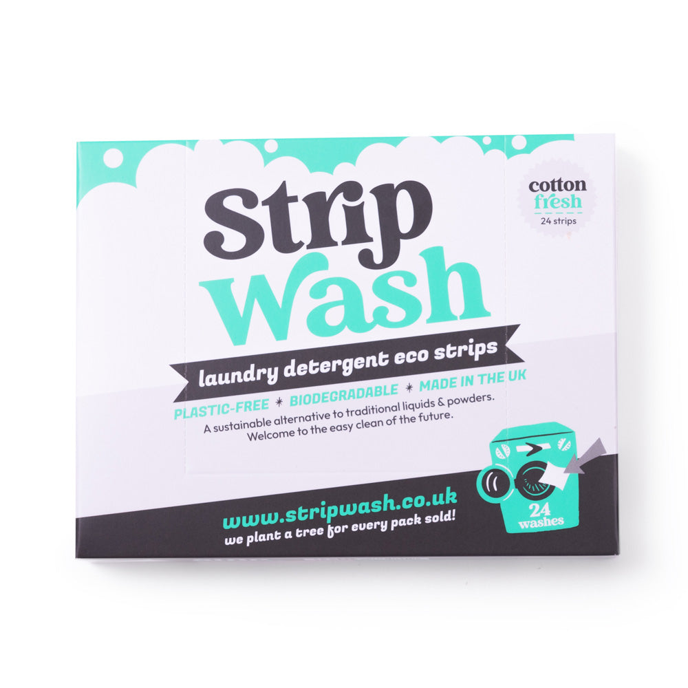 Strip Wash laundry detergent eco strips packaging on a white background