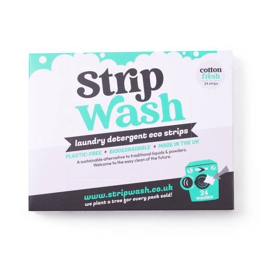 Strip Wash laundry detergent eco strips packaging on a white background