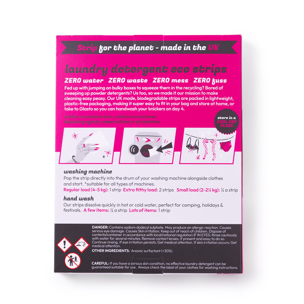 Laundry detergent eco strips packaging with pink and black design on a white background