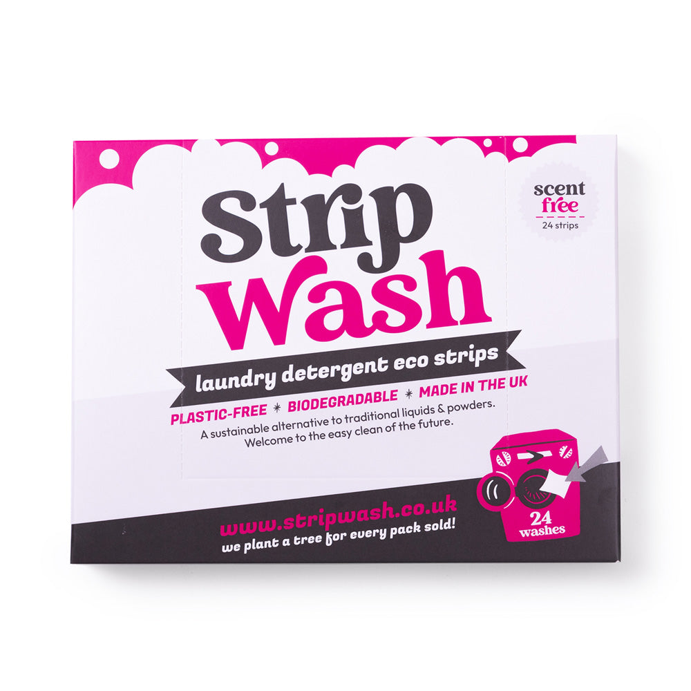Packaging of Strip Wash laundry detergent eco strips with pink and black design.