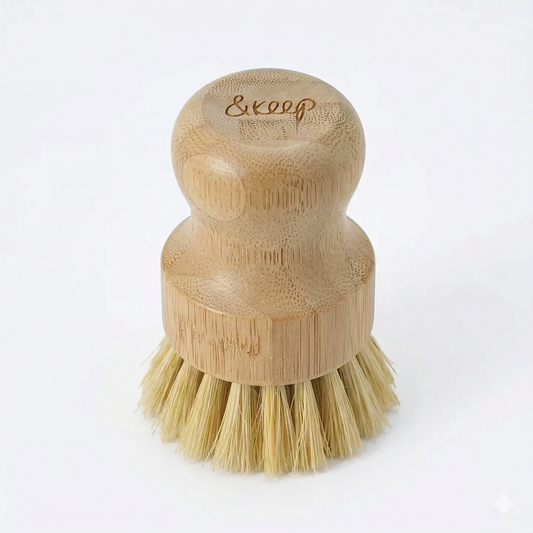 Bamboo dish brush with bristles on a white background