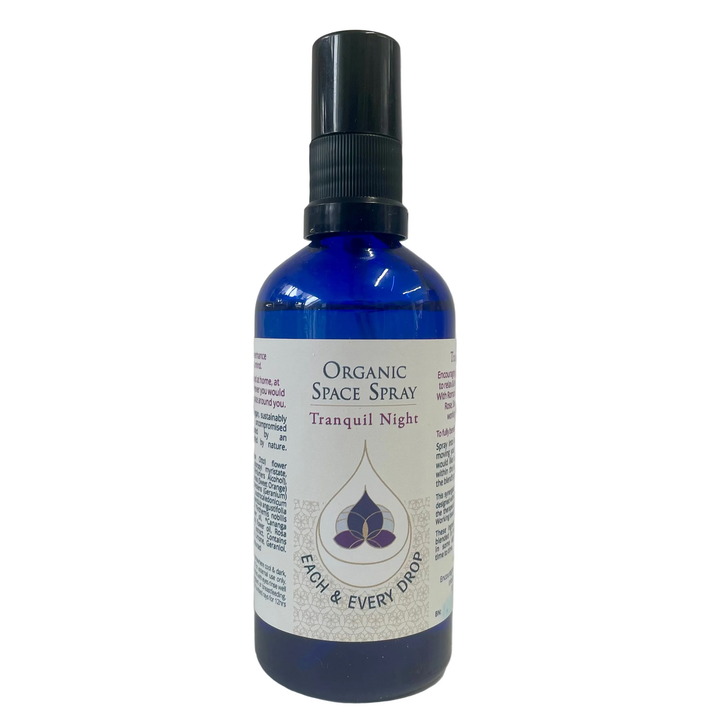 Bottle of Organic Space Spray labeled 'Tranquil Night' on a white background