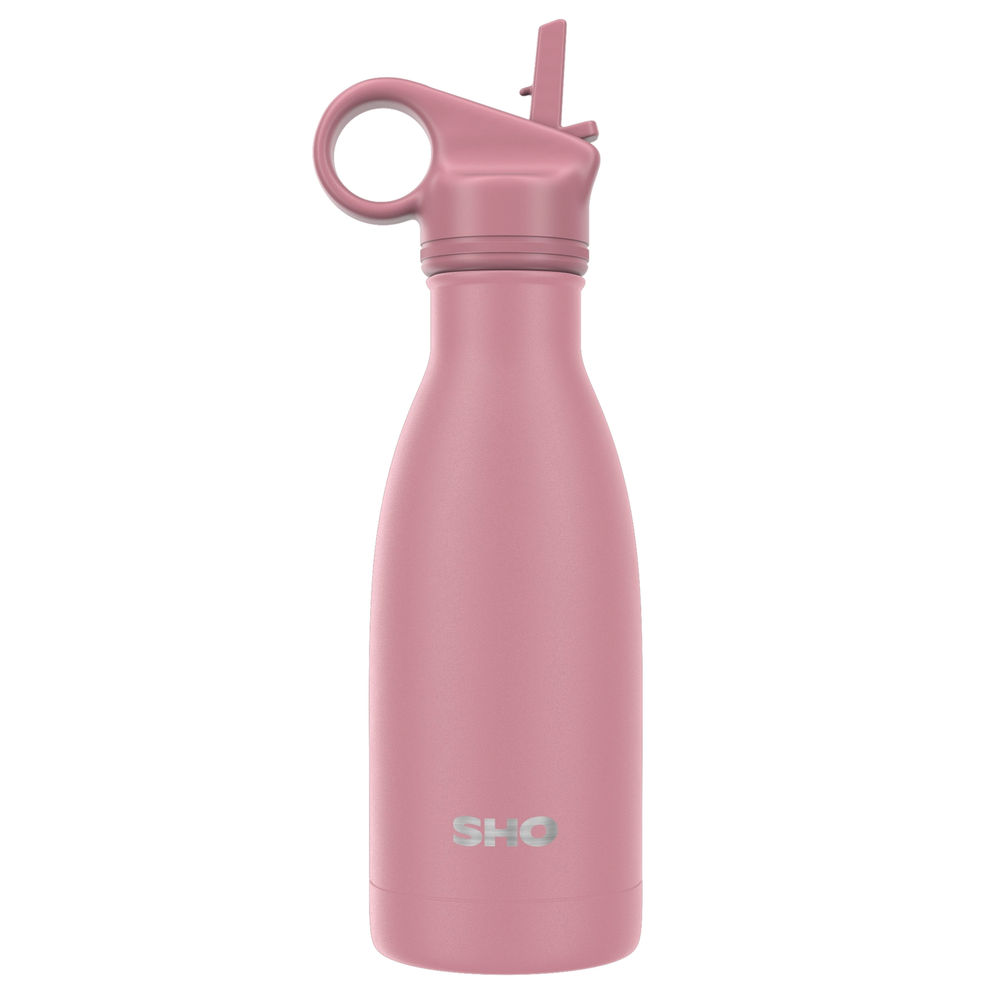 A matte pink insulated water bottle with a matching pink lid and carrying loop, featuring the 'SHO' brand logo near the bottom, set against a plain white background.