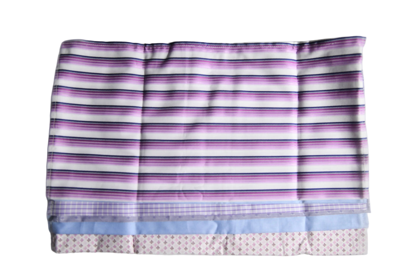 Pack of 6 washable fabric handkerchiefs made from striped cotton  fabric with horizontal bands of purple, pink, and white, featuring a light blue and white patterned shirting fabric laid flat on a white background.