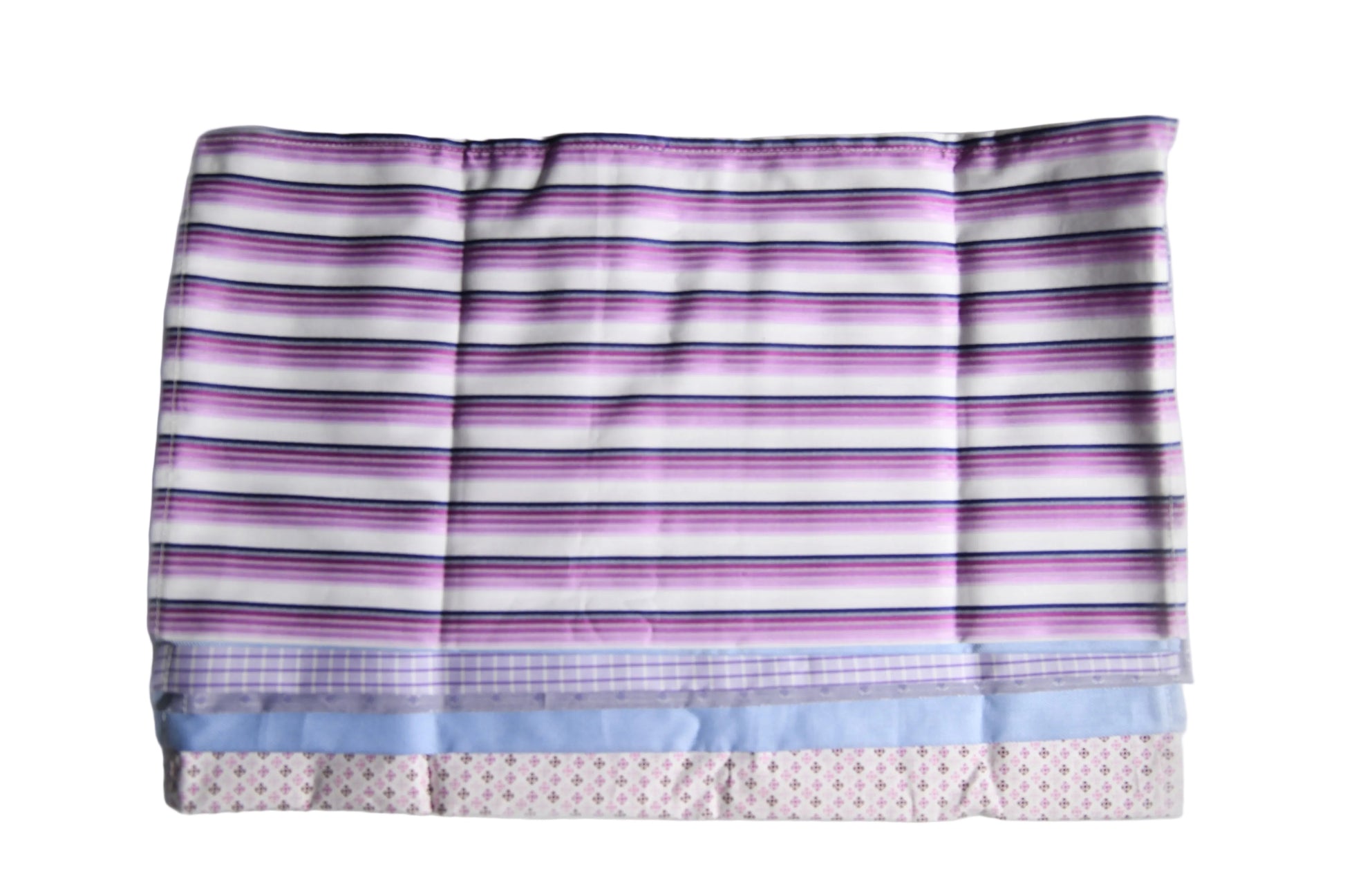 Pack of 6 washable fabric handkerchiefs made from striped cotton  fabric with horizontal bands of purple, pink, and white, featuring a light blue and white patterned shirting fabric laid flat on a white background.