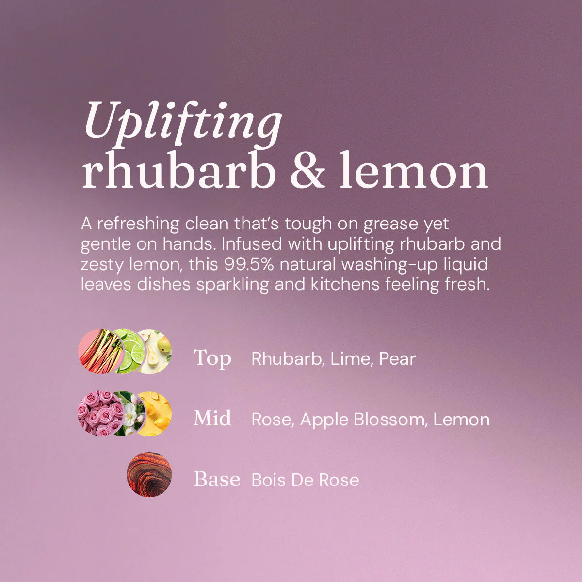 Product description card for 'Uplifting rhubarb & lemon' with fragrance notes on a purple background