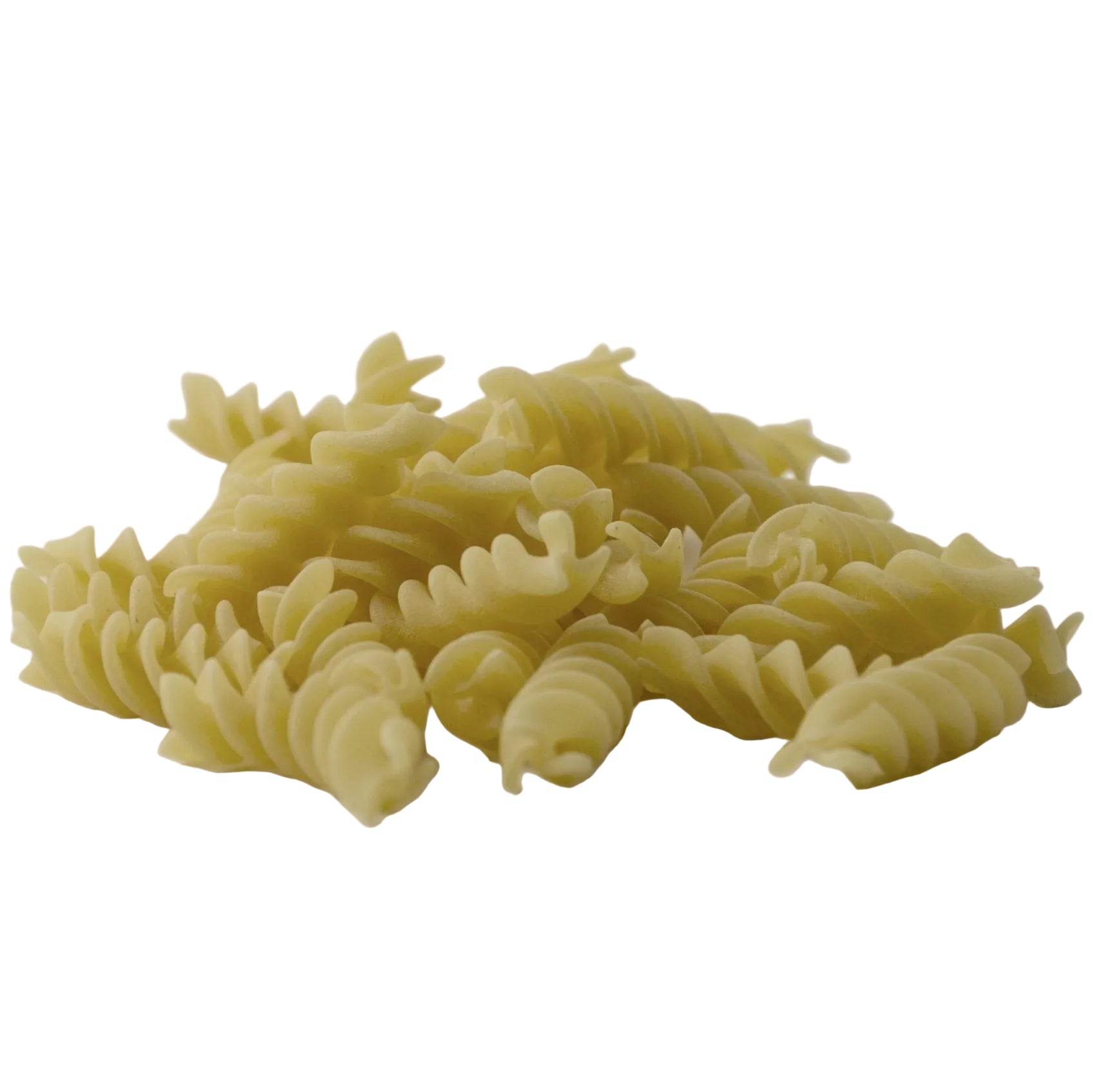 A pile of white fusilli pasta on a white background. 