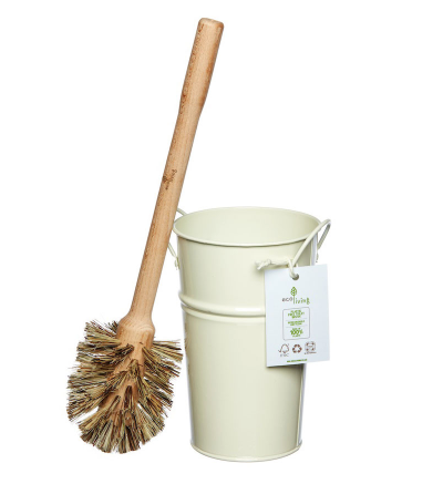 Wooden toilet brush with natural bristles with a cream coloured metal holder on a white background