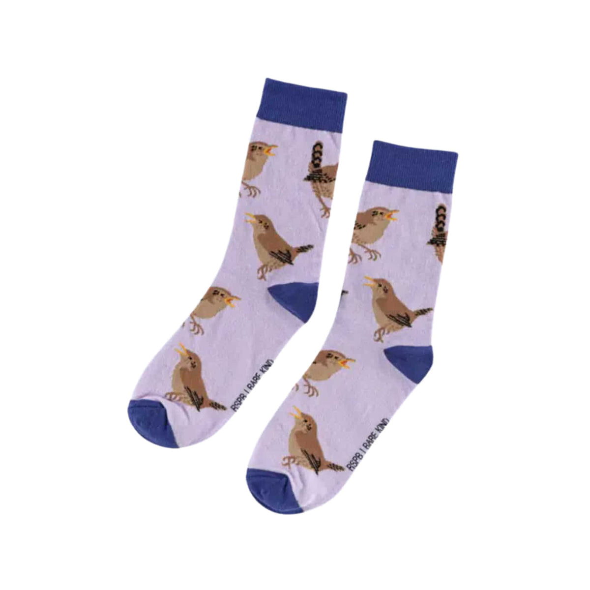 A pair of crew socks with a light lavender background, featuring a pattern of small wren and solid dark blue cuffs, heels, and toes. 