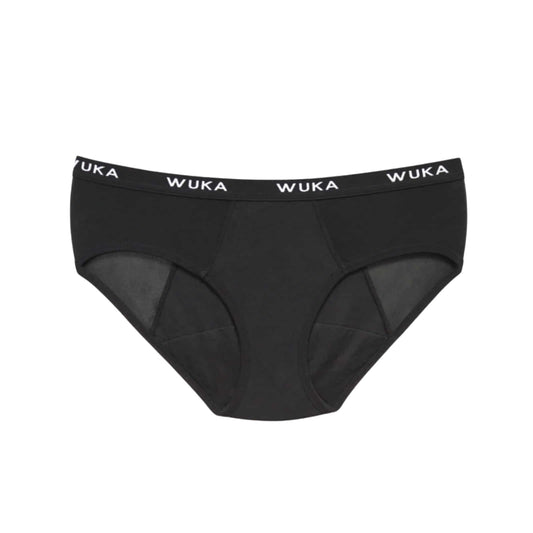 Black period pants with a wide black waistband featuring the white 'WUKA' brand name repeated across it, shown against a plain white background.