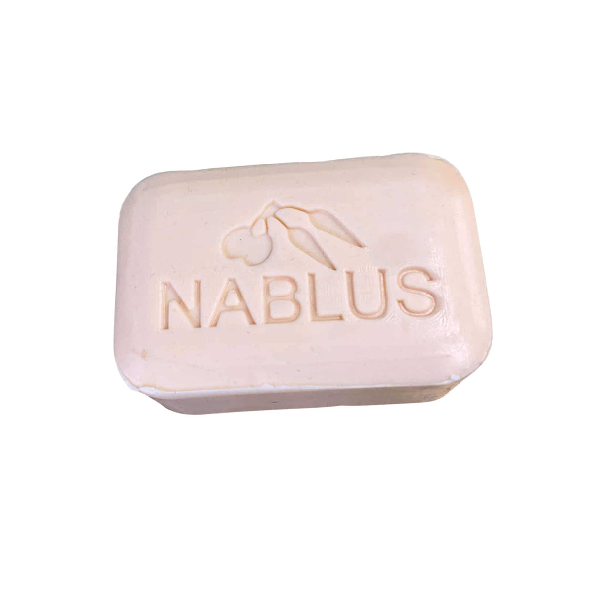 A rectangular bar of Nablus soap with rounded corners, featuring an embossed olive branch logo and the brand name 'NABLUS' on a plain white background.